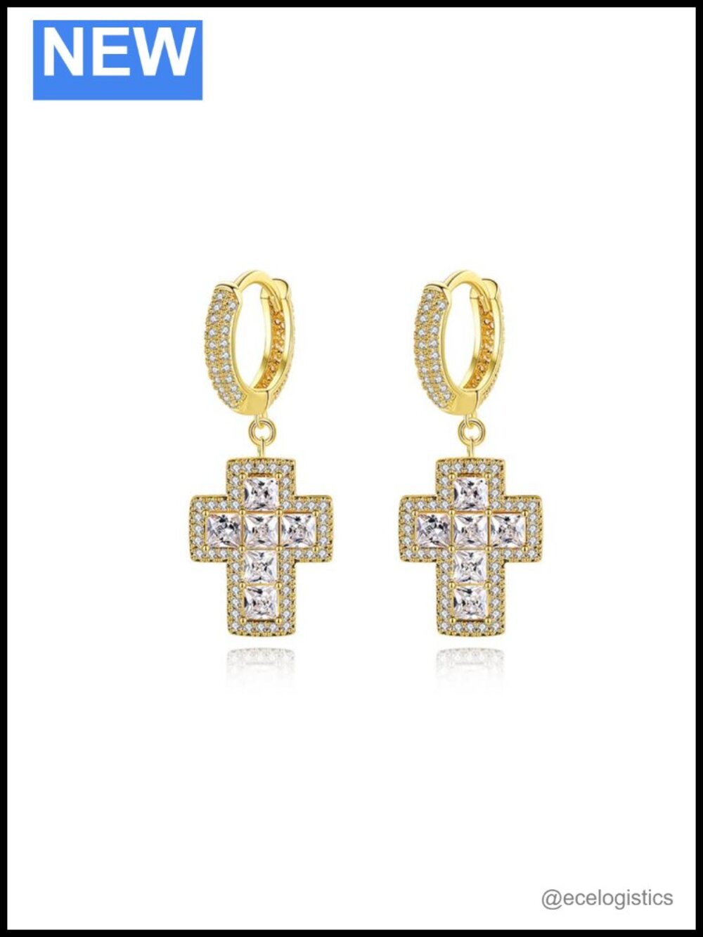 14K Gold Natural Crystal Cross Drop Earrings Moissanite
